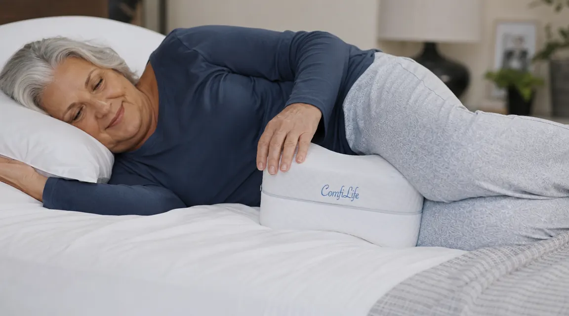 ComfiLife knee pillow placed between the knees of a side sleeper