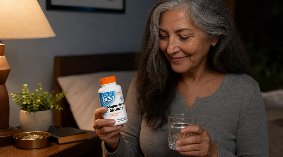 Hand holding two white magnesium glycinate capsules over a wooden surface with a glass of water beside it