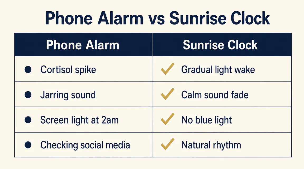 Chart comparing phone alarm vs sunrise alarm on mood, grogginess, and morning cortisol spike