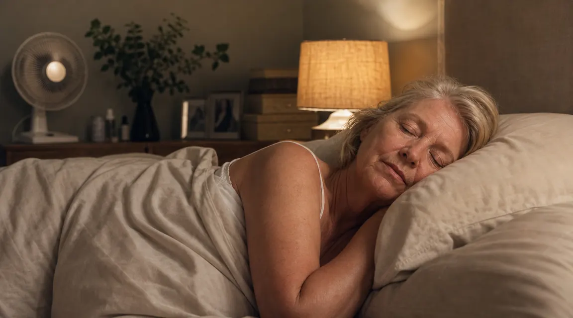 Older woman sleeping comfortably in a cool bedroom with light bamboo sheets, window slightly open, peaceful expression