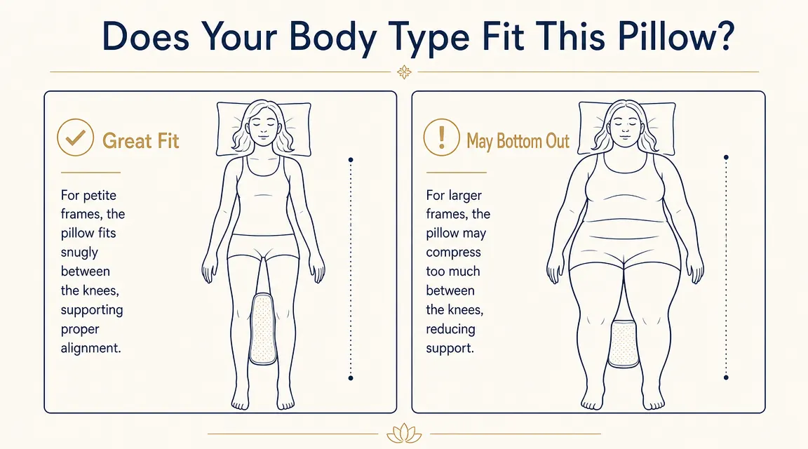 Comparison diagram showing correct knee pillow placement for a petite sleeper versus a larger framed sleeper, illustrating fit differences