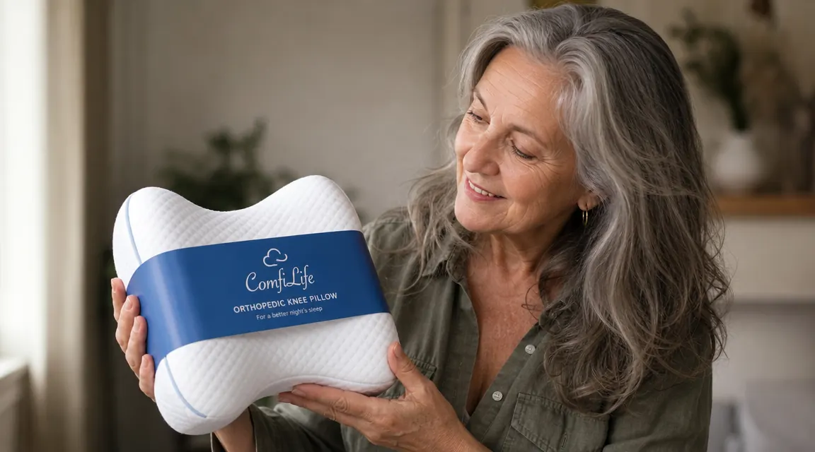 Woman placing a knee pillow between her knees while lying on her side in bed