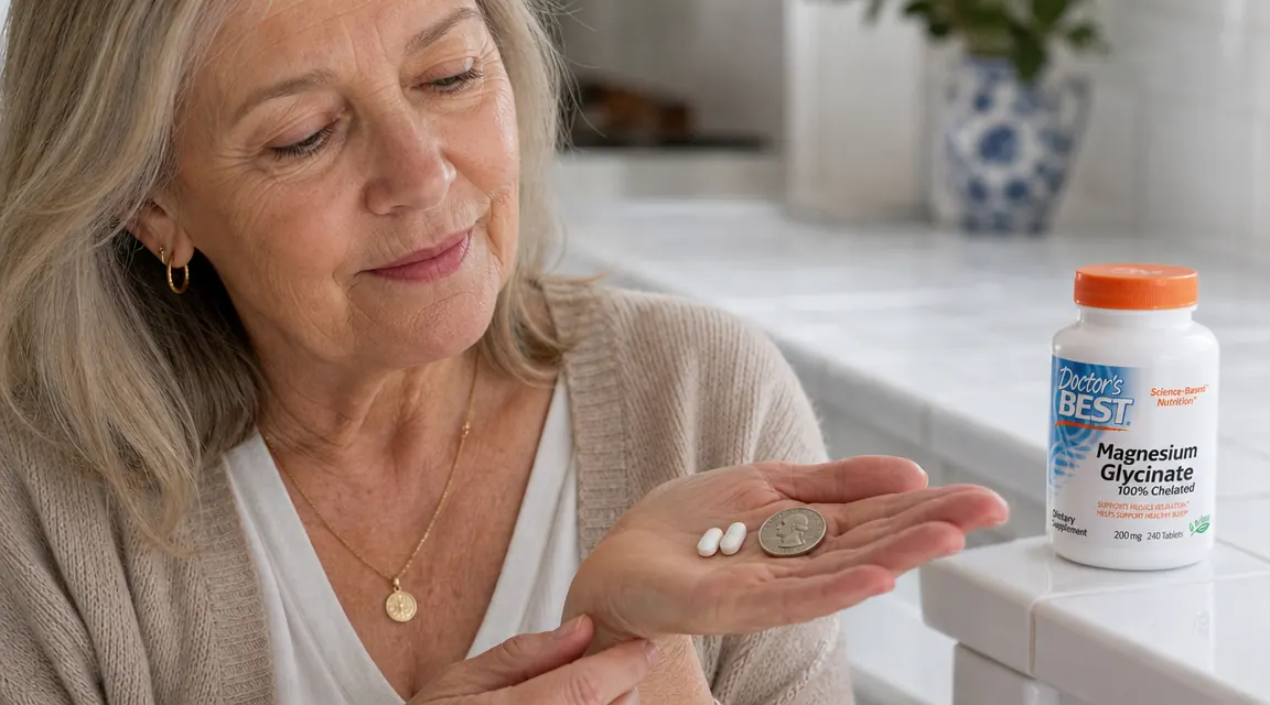Hand holding two large white oval supplement tablets next to a quarter coin to show size comparison