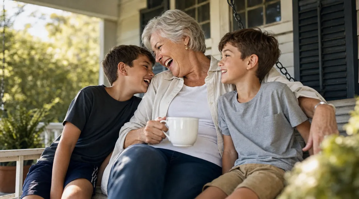 Grandmother and two young grandsons laughing together on a porch swing in morning sunlight