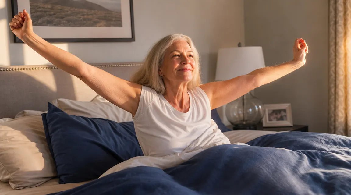 Older woman waking up peacefully in a bright bedroom without looking stressed or groggy