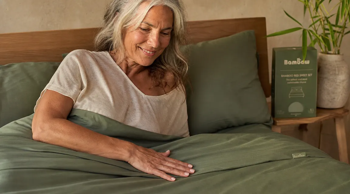 Woman's hand smoothing bamboo sheet fabric on a bed, showing the silky texture