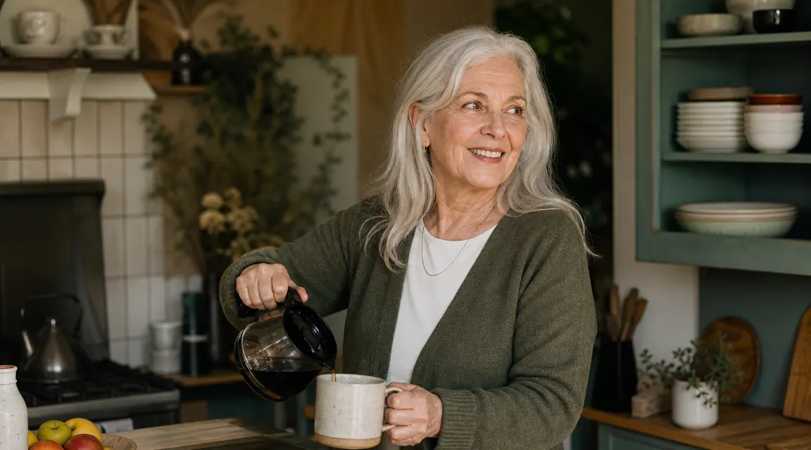 A grandmother sitting at a kitchen table holding a mug of coffee, relaxed and rested expression