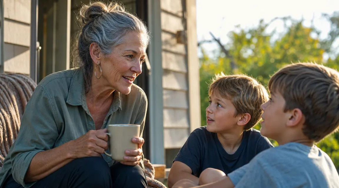 Grandmother playing outside with two young grandsons, energetic and smiling
