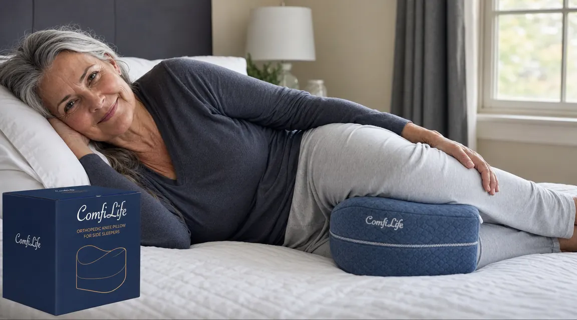 ComfiLife orthopedic knee pillow placed between a person's knees while lying on their side