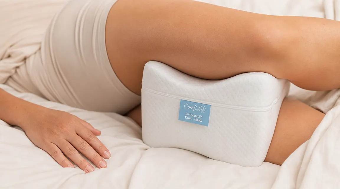 ComfiLife knee pillow on a neatly made bed next to a bedside table with a glass of water