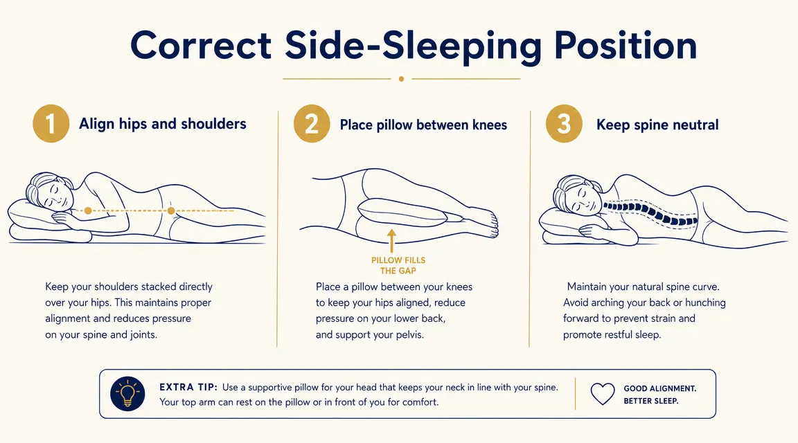 Diagram showing correct and incorrect side sleeping body alignment with and without a knee pillow