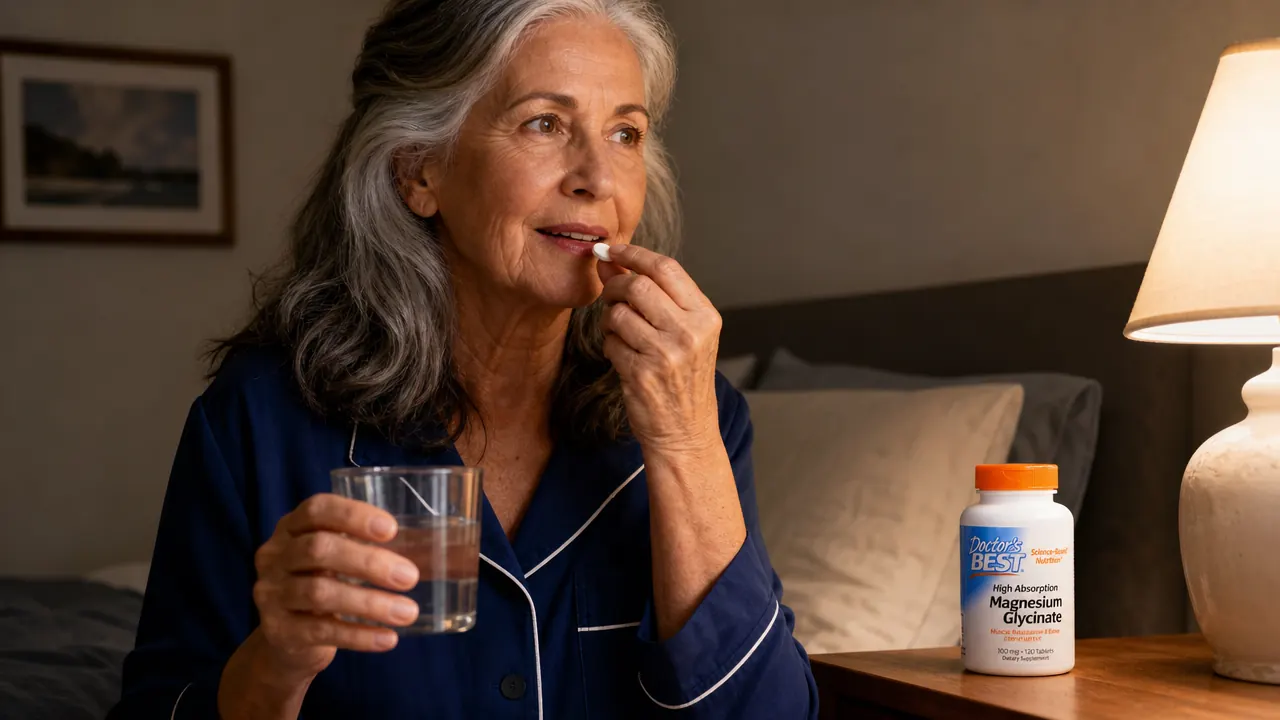 Doctor's Best Magnesium Glycinate bottle next to a glass of water on a wooden nightstand