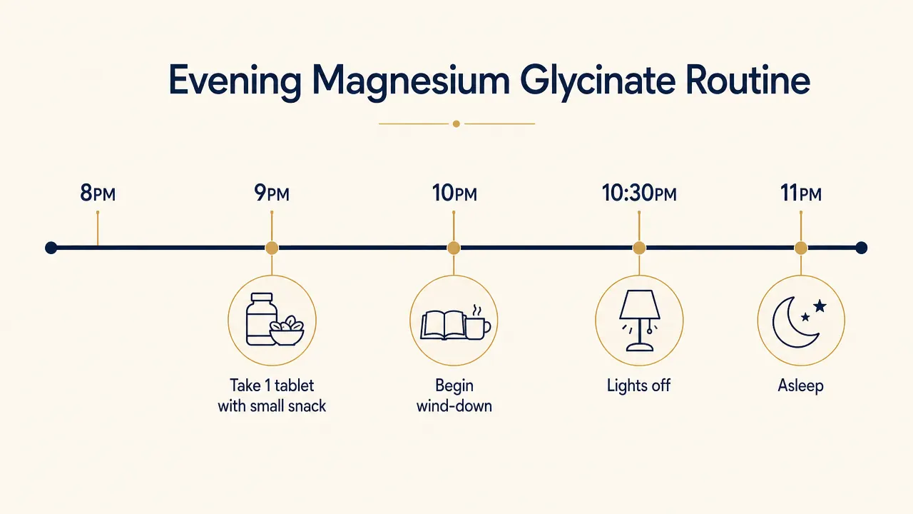 Simple chart showing magnesium glycinate absorption timeline from ingestion to peak effect at 30 to 60 minutes