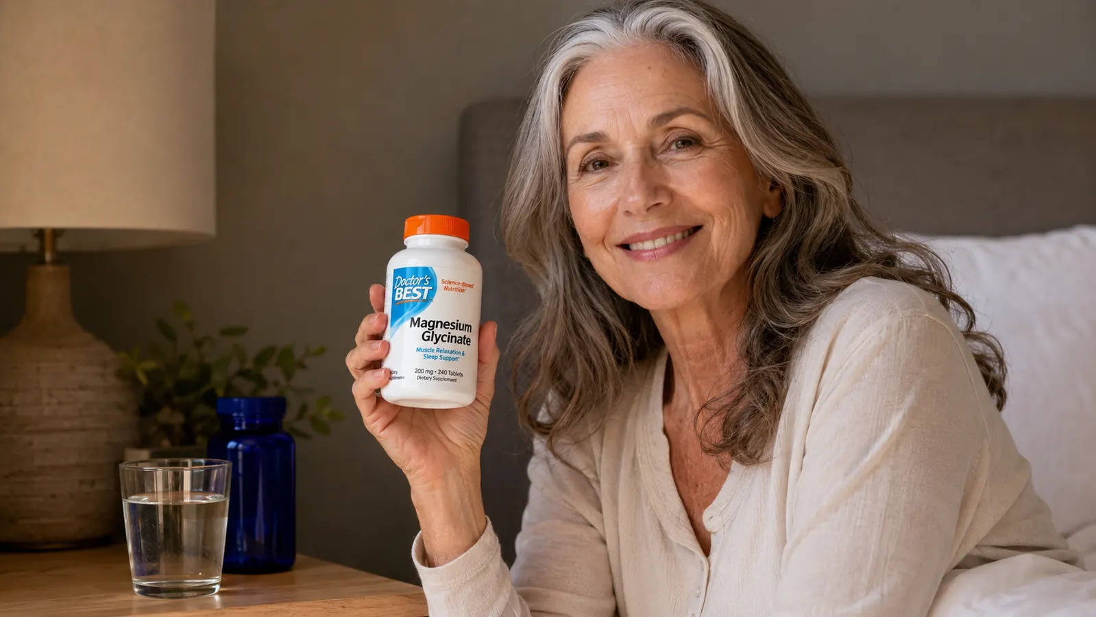 Hand holding a Doctor's Best magnesium glycinate tablet above an open palm, soft focus background
