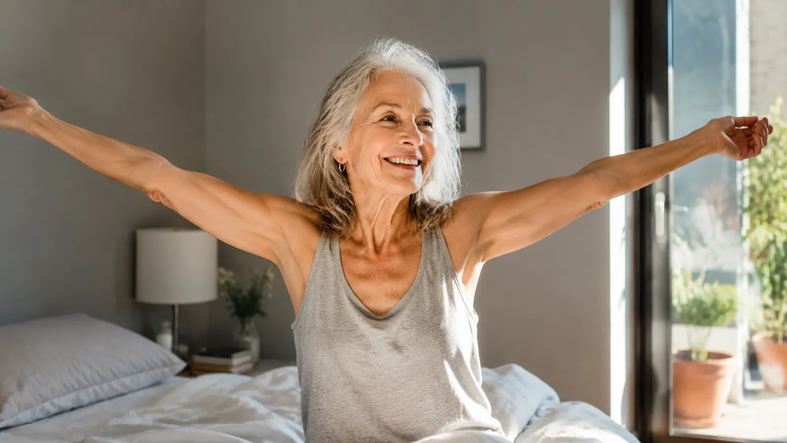 Older woman sleeping peacefully in a dark bedroom, soft morning light beginning at the window