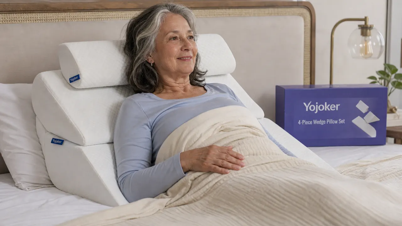 The Yojoker 4-piece wedge pillow set laid out on a bed showing all four foam pieces
