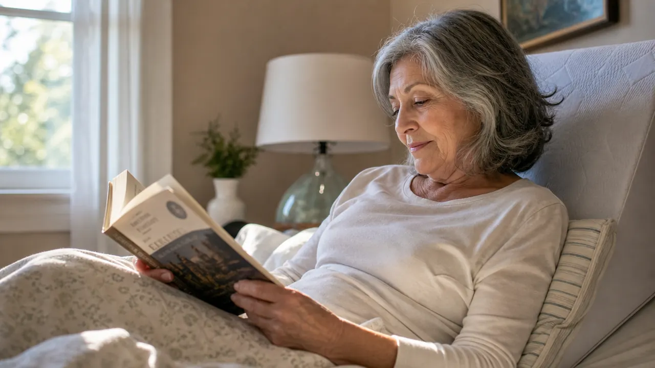 Woman sitting upright in bed at night using a wedge pillow for back support while looking comfortable
