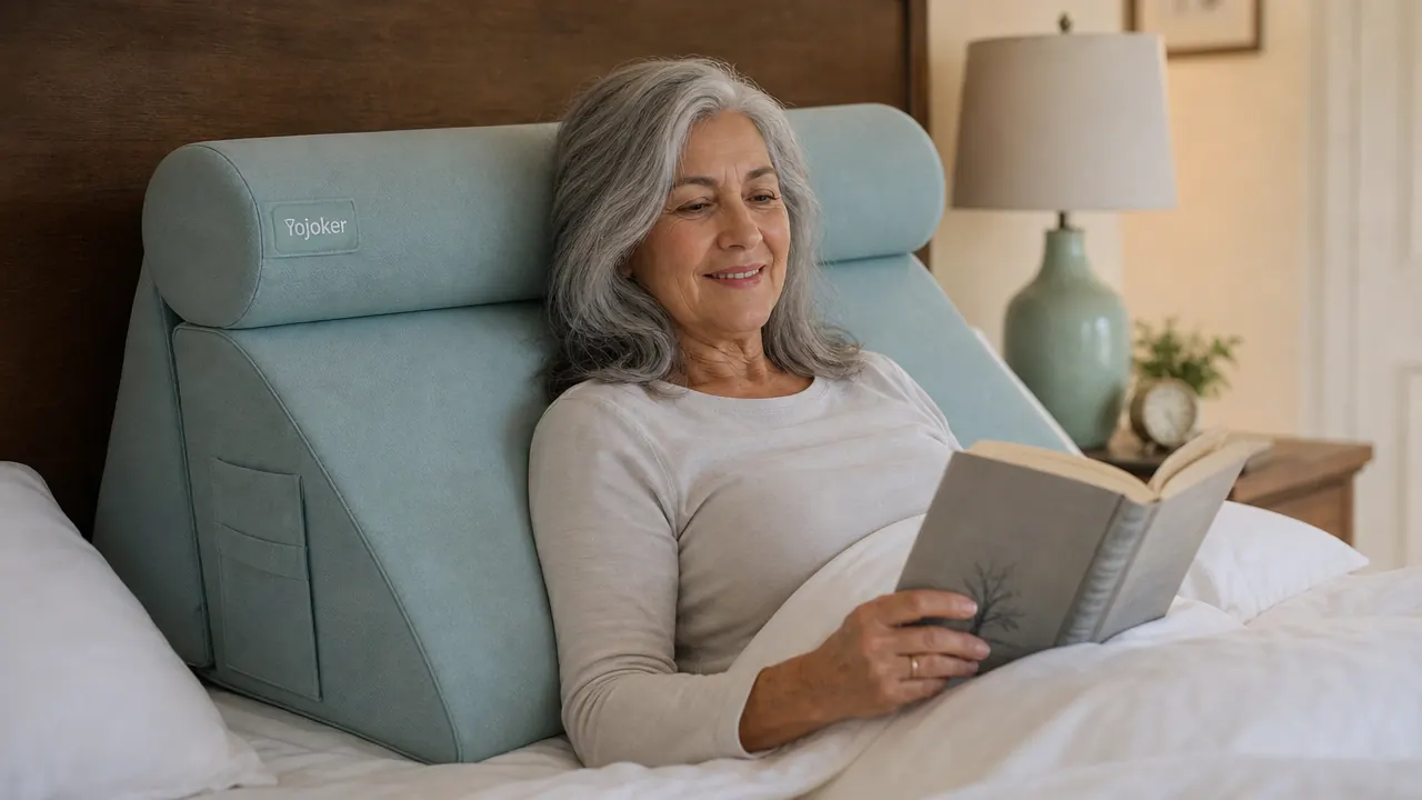Older woman comfortably propped up on a Yojoker wedge pillow set in bed, reading before sleep
