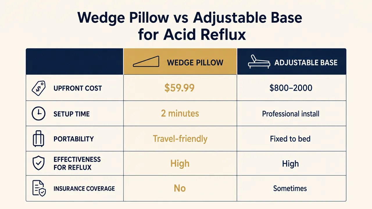 Side-by-side price comparison chart showing wedge pillow at under sixty dollars versus adjustable base at over two thousand dollars