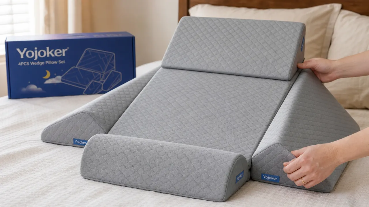 Close-up of the four-piece Yojoker wedge pillow set arranged on a bed showing how the pieces stack and support the upper body