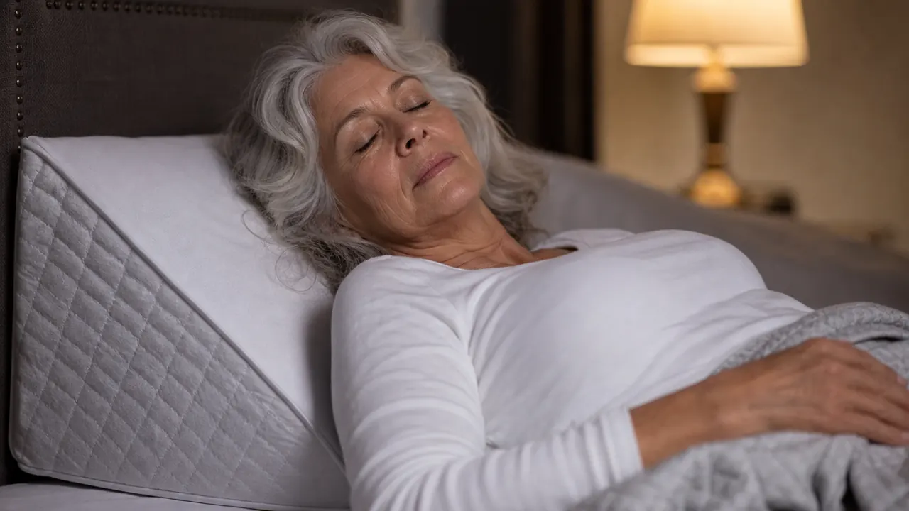 Peaceful older woman sleeping at an incline on a wedge pillow, no heartburn discomfort visible on her face